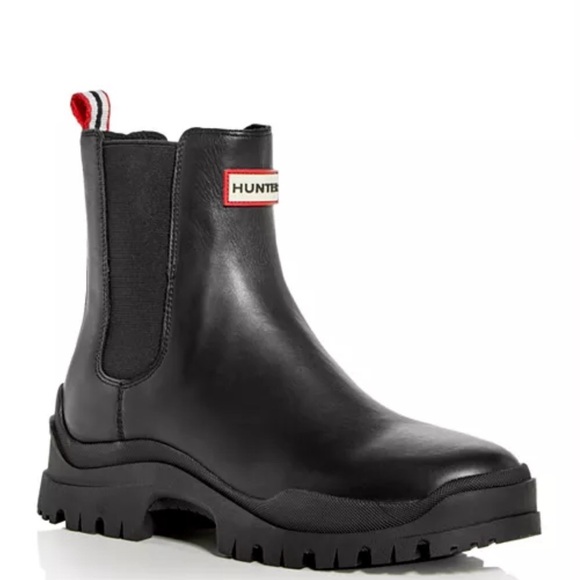 Hunter Shoes - Hunter Black Leather Chelsea Rain Boot with Red Trim